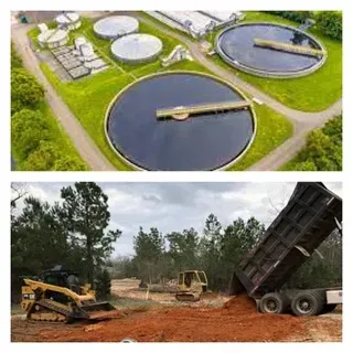 An aerial view of a water treatment plant and a dump truck dumping dirt.