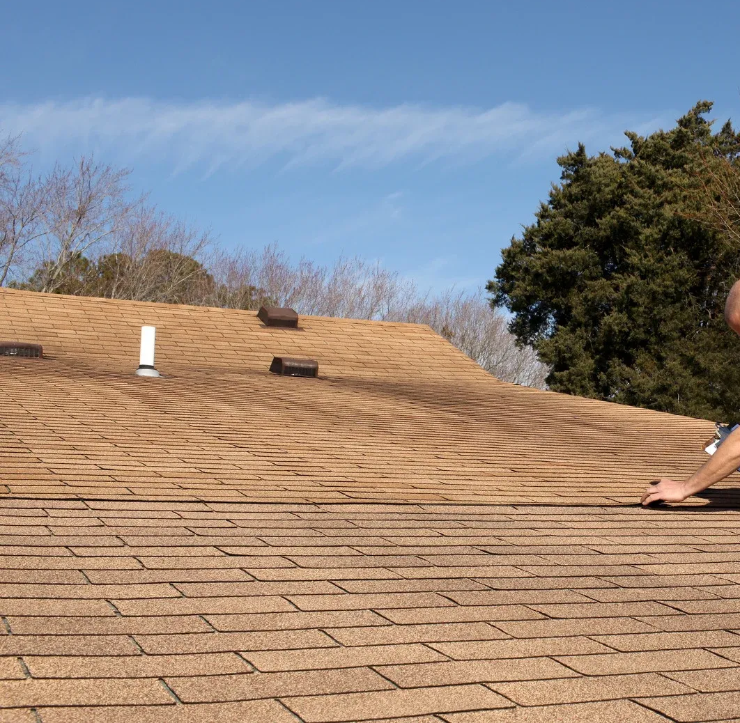 Person on a brown shingle roof, blue sky, trees in the background.