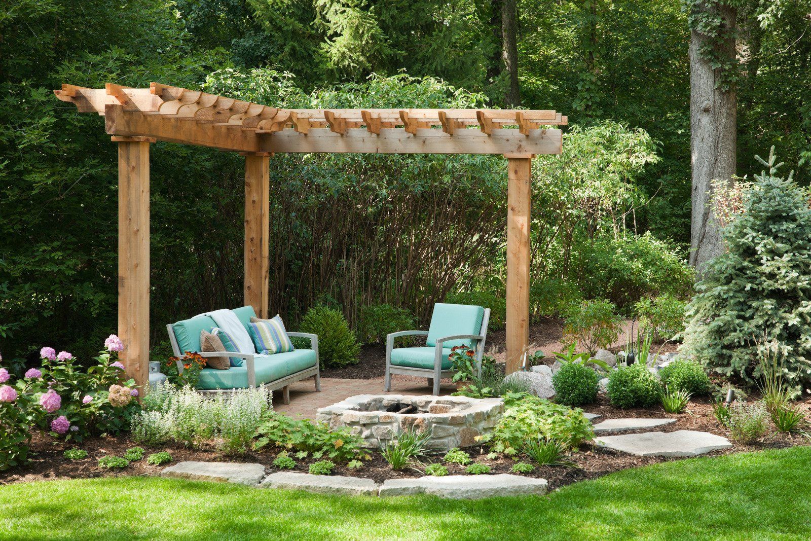Pergola with teal furniture, a stone fire pit, and garden in a backyard.