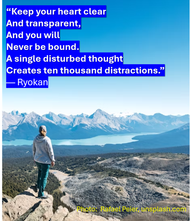 Keep your heart clear and transparent, and you will never be bound. A single disturbed thought creates ten thousand distractions.  - Ryokan 
