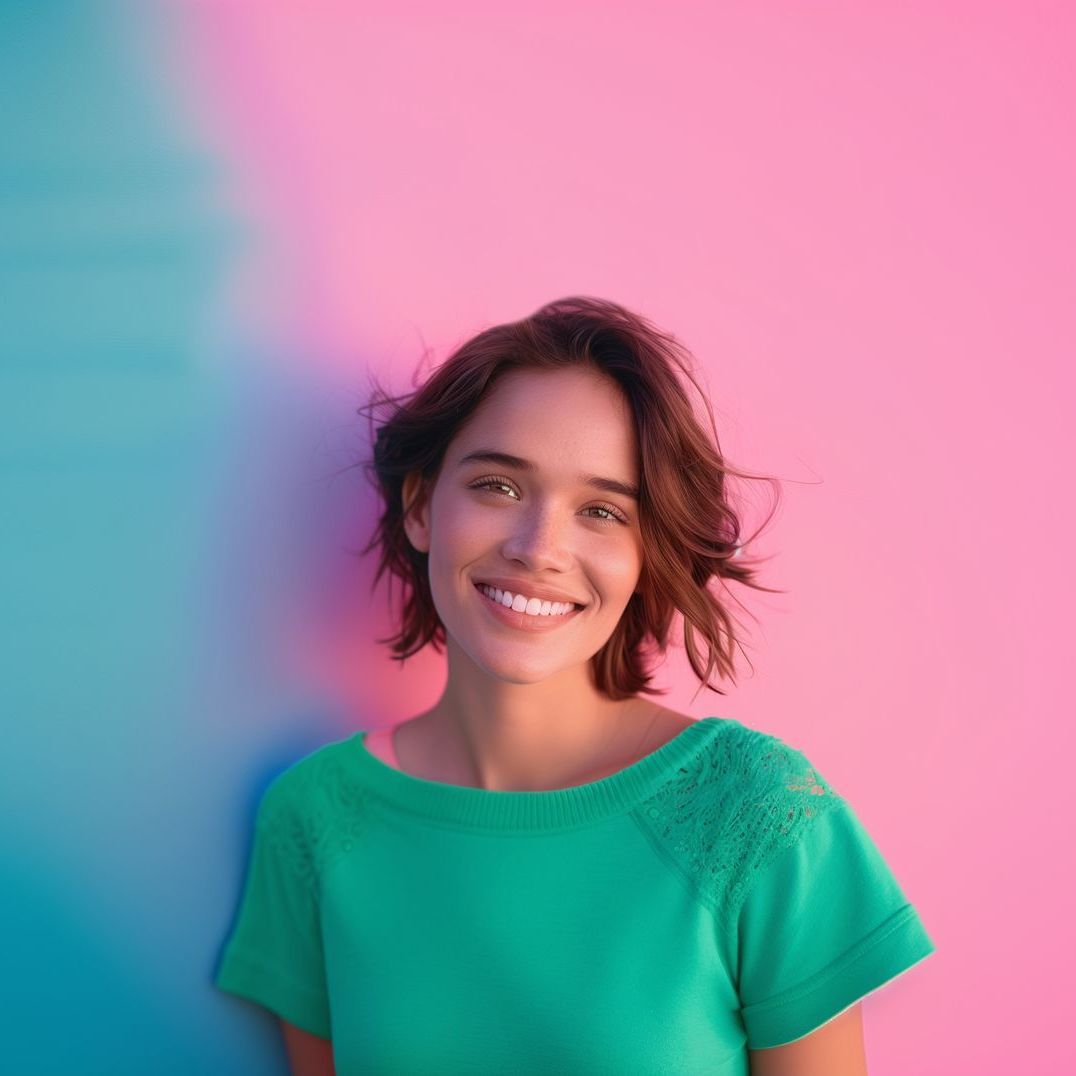 A woman in a green shirt is smiling in front of a pink and blue wall.