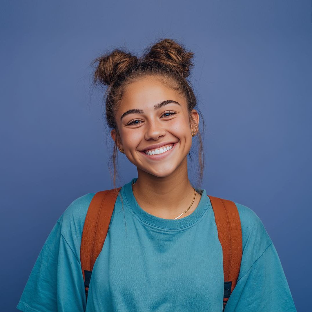 Teenage girl with brown hair in two buns, smiling, wearing a teal shirt and a brown backpack, against a blue background.