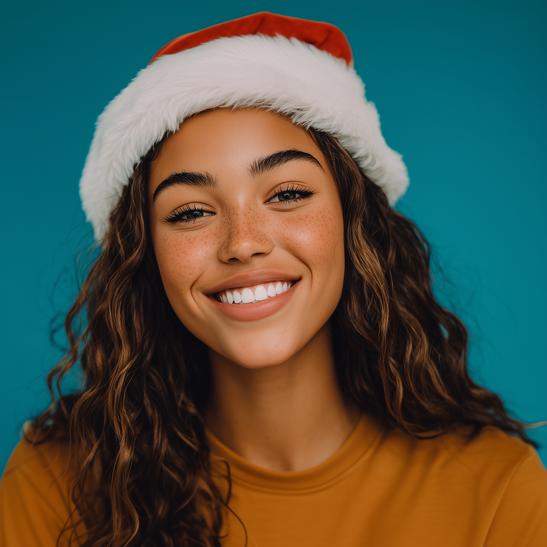Woman with curly brown hair wearing a Santa hat, smiling against a blue background.