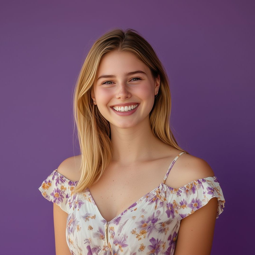 A woman in a floral dress is smiling in front of a purple background.
