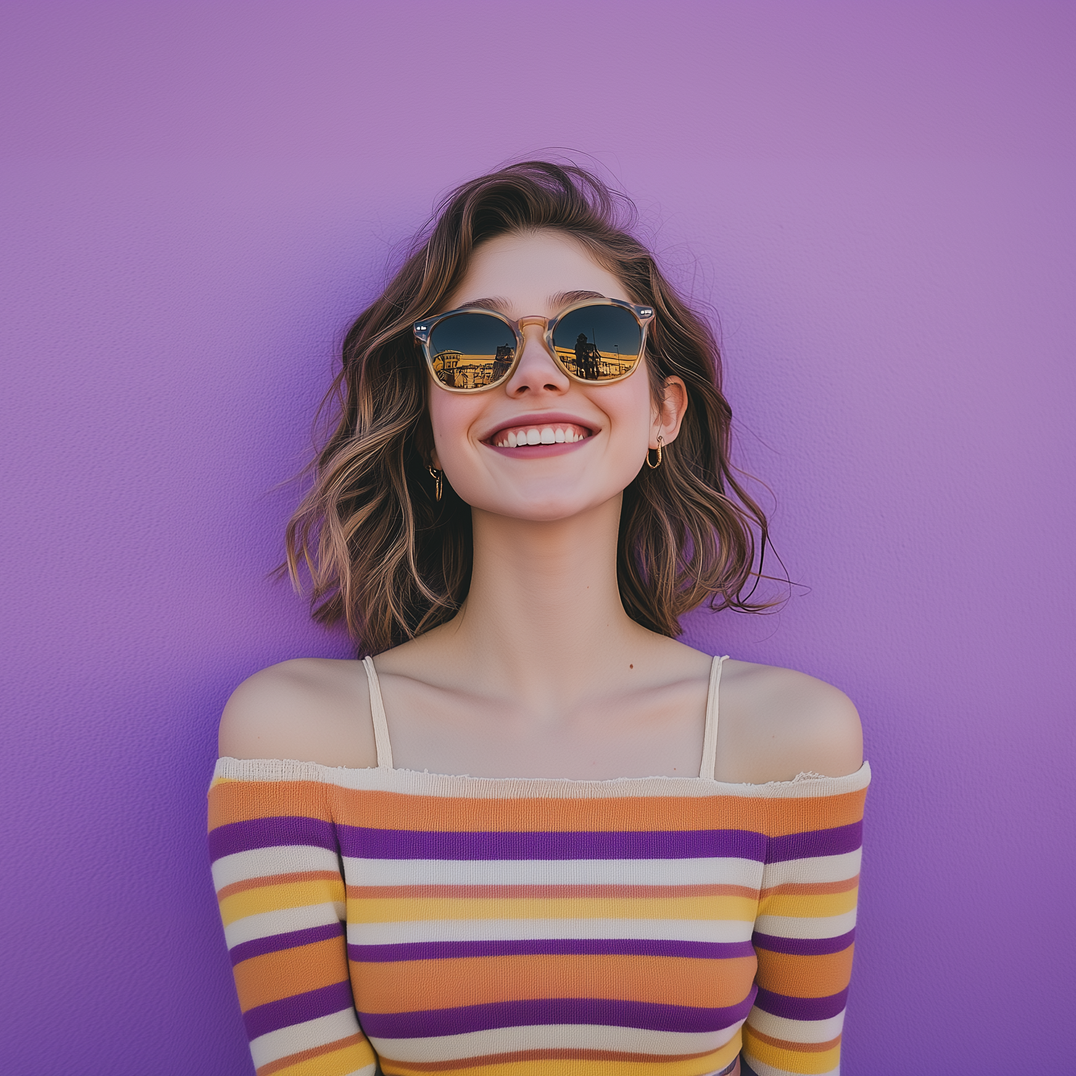 A woman wearing sunglasses and a striped shirt is smiling in front of a purple wall.