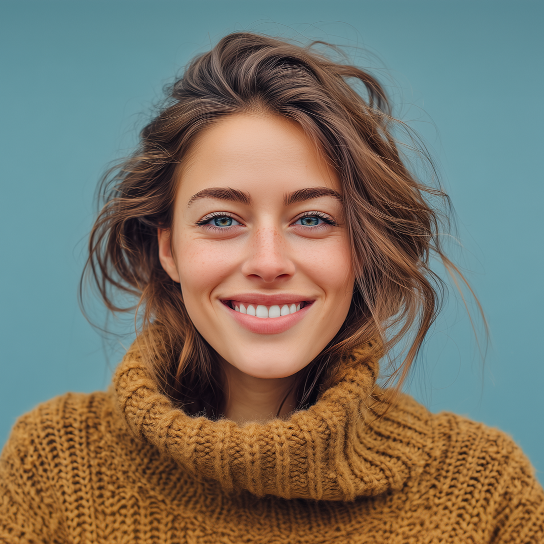 Woman with brown hair and a big smile wearing a brown turtleneck sweater, against a teal background.