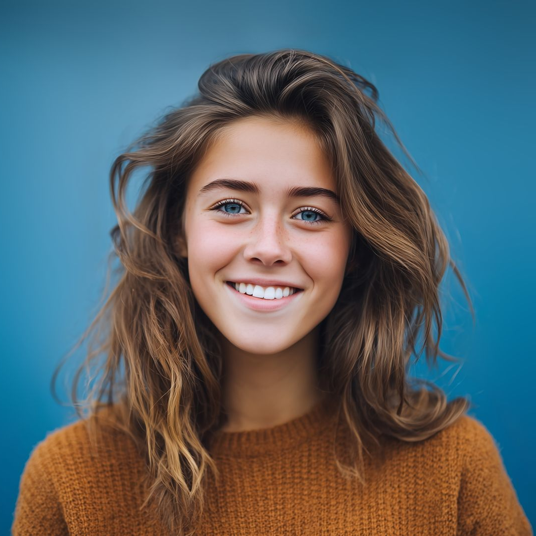 Young woman with brown hair and blue eyes smiles, wearing a brown sweater in front of a blue backdrop.