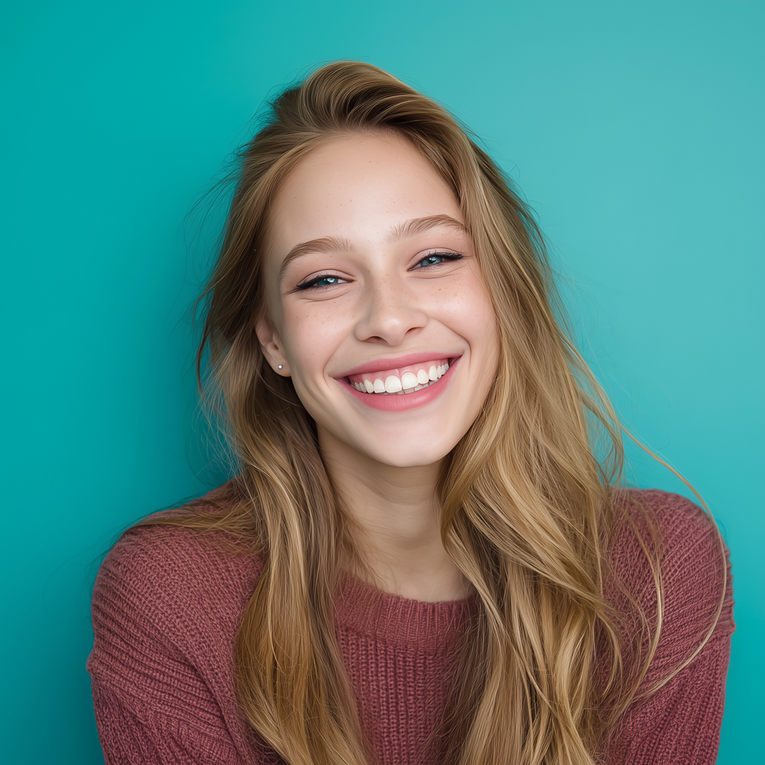 A smiling person with long light brown hair wearing a dusty rose sweater against a solid teal background.