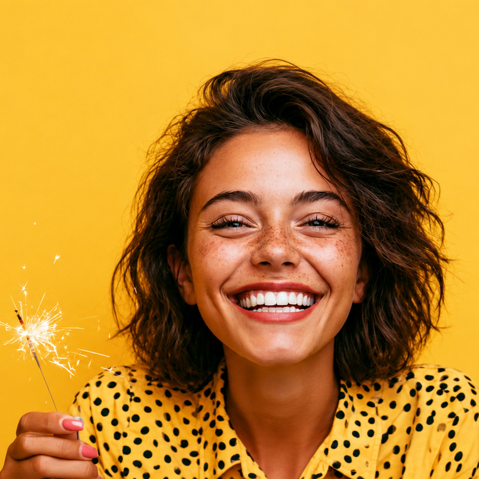 Smiling person with a sparkler against a bright yellow background