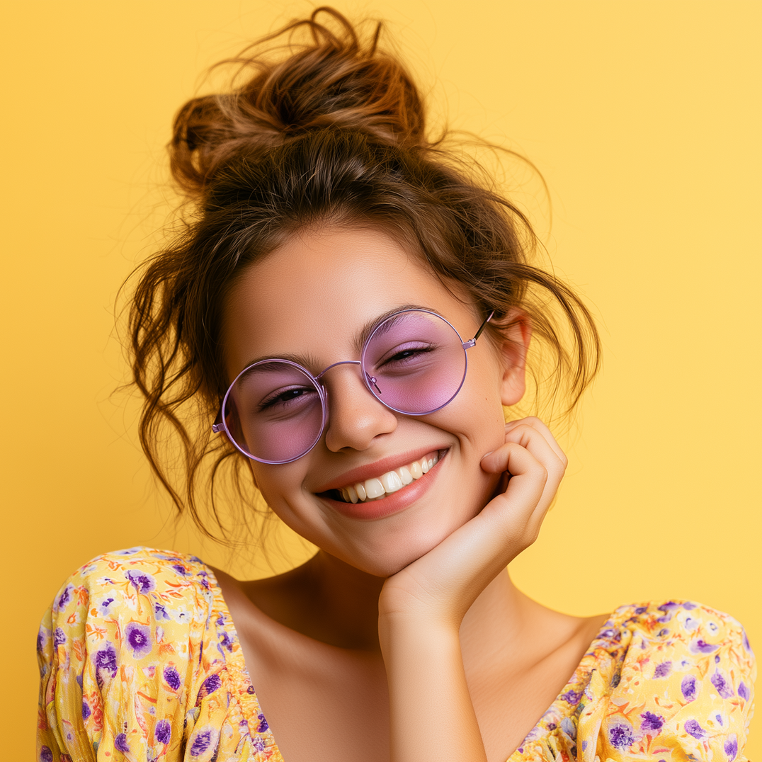 Smiling person in purple round sunglasses against a bright yellow background