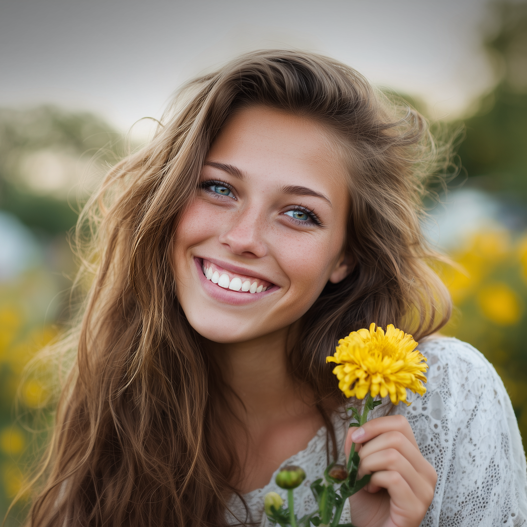 Woman with long, brown hair, smiling, holding a yellow flower in a field of yellow flowers.