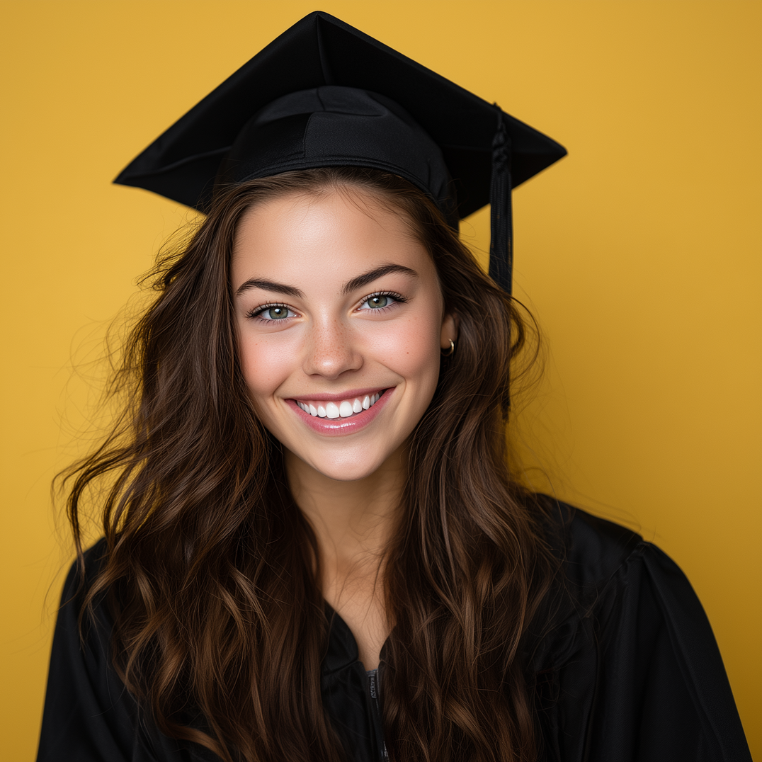 Smiling graduate in black cap and gown against a yellow background