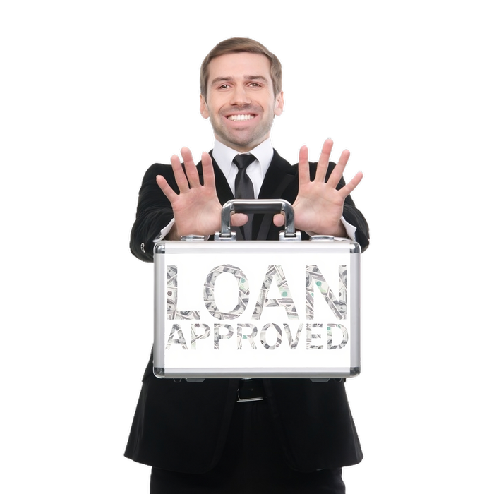 happy man holding a suitcase with loan approved text