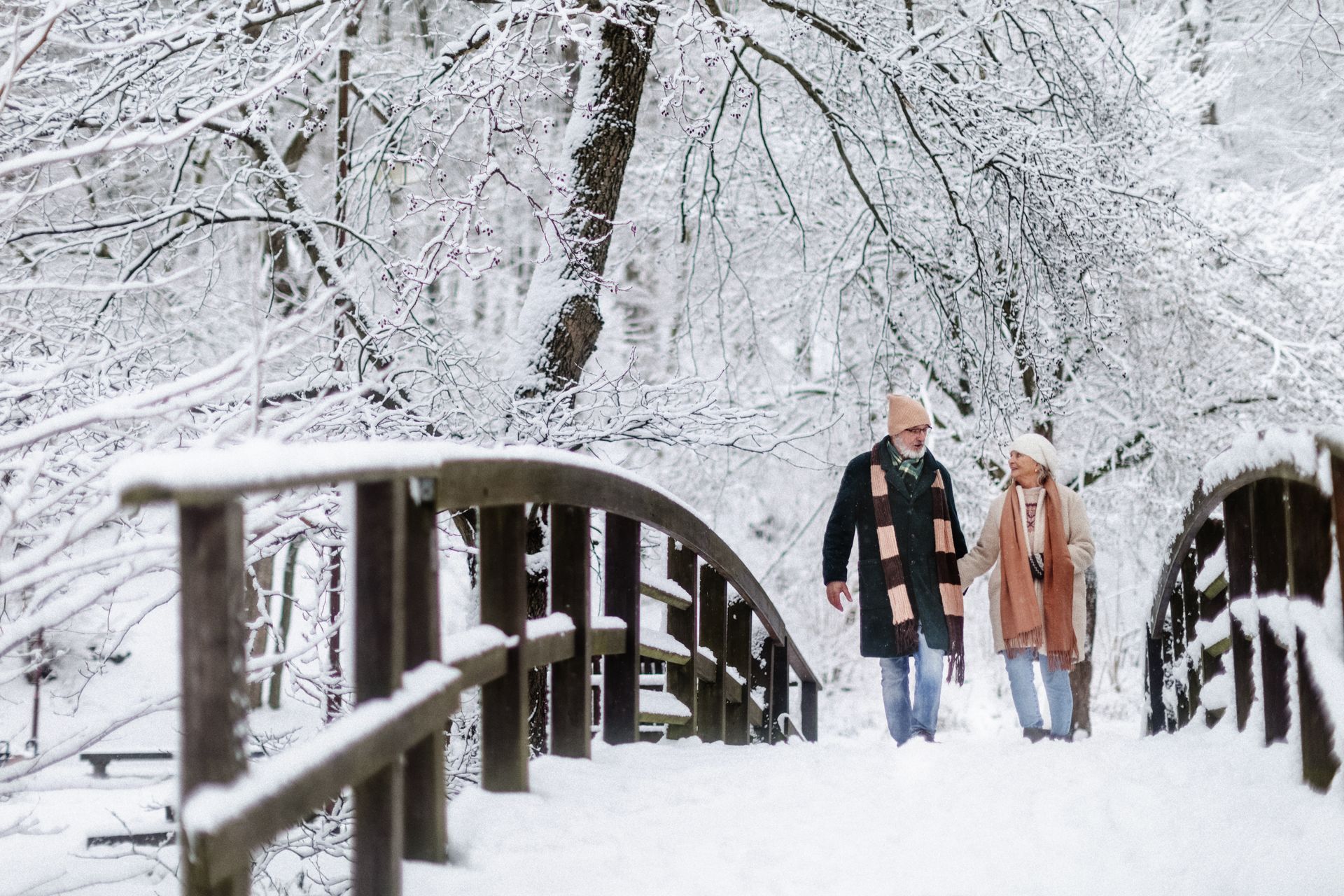 An elegant senior couple walking in the snow 