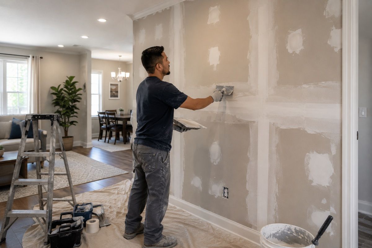 Interior renovation area showing repaired drywall and matched texture in Hanford, CA