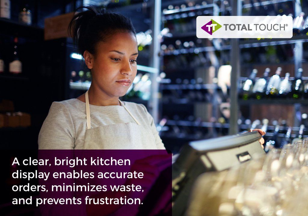 A kitchen display system replaces paper tickets and kitchen printers. It is designed to increase efficiency and accuracy