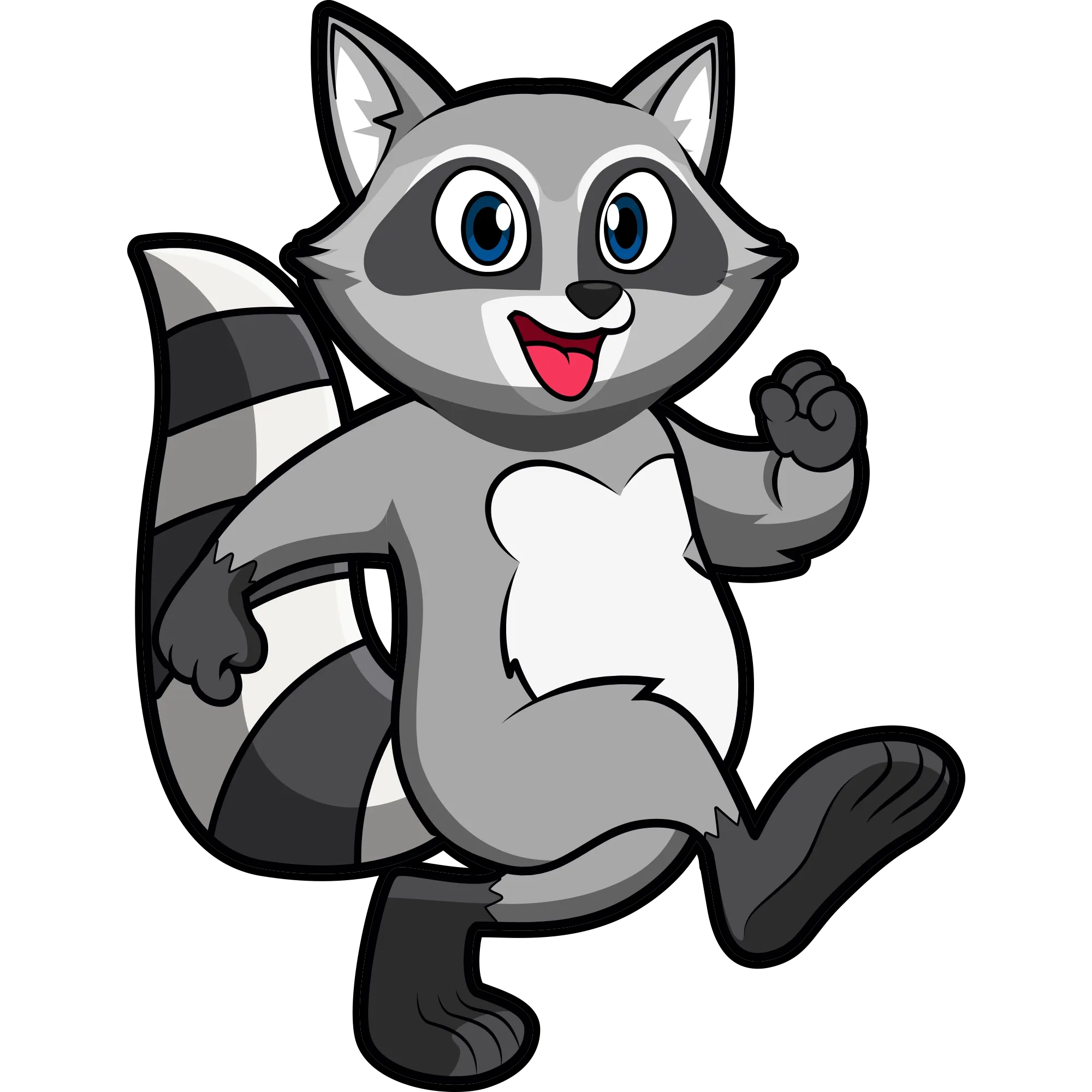 A cartoon raccoon is standing on its hind legs and smiling.