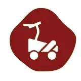 A red icon with a white stroller on it.