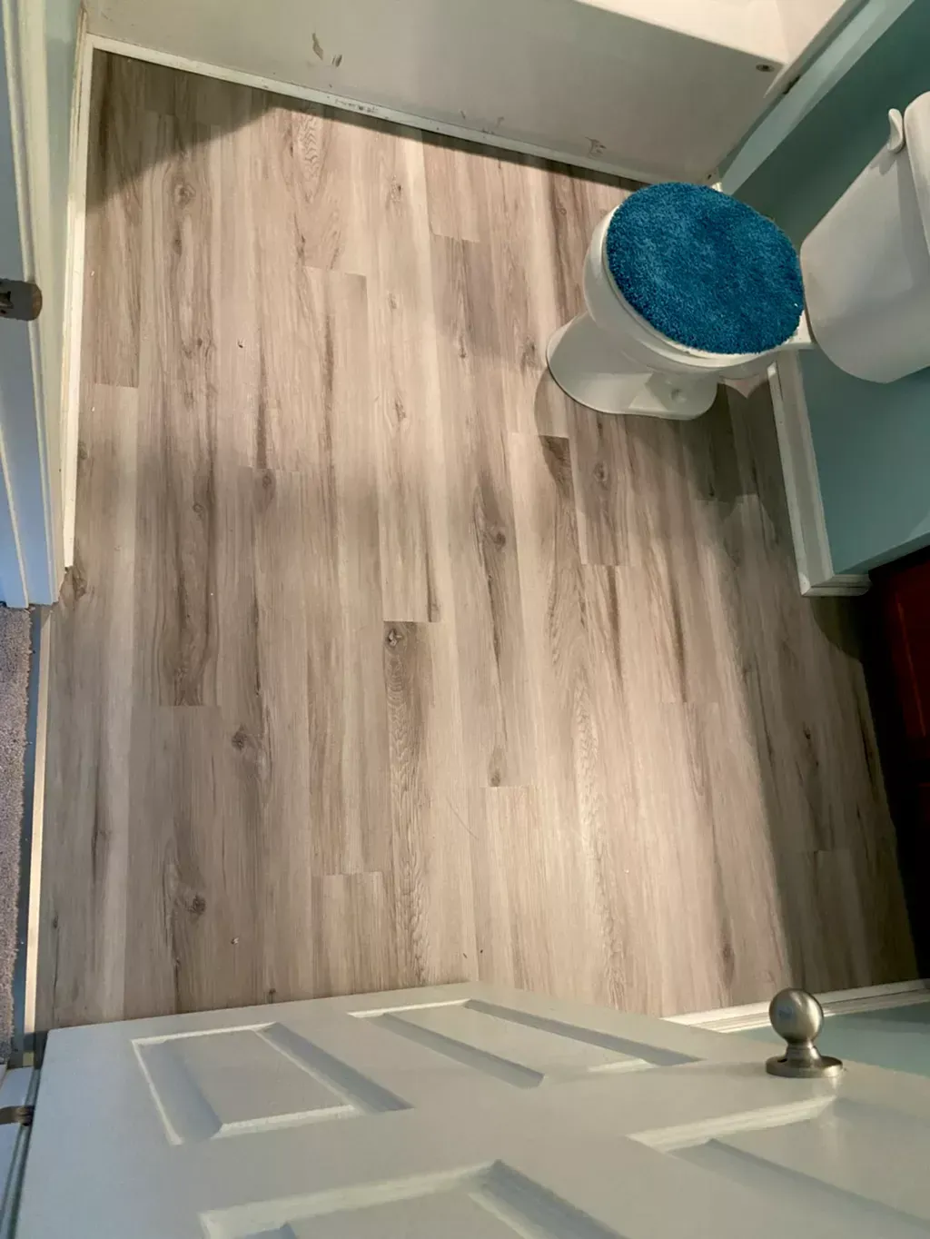 A bathroom with hardwood floors and a toilet.