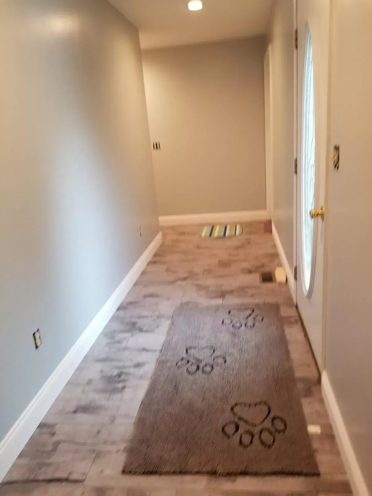A long hallway with a rug on the floor and a door.