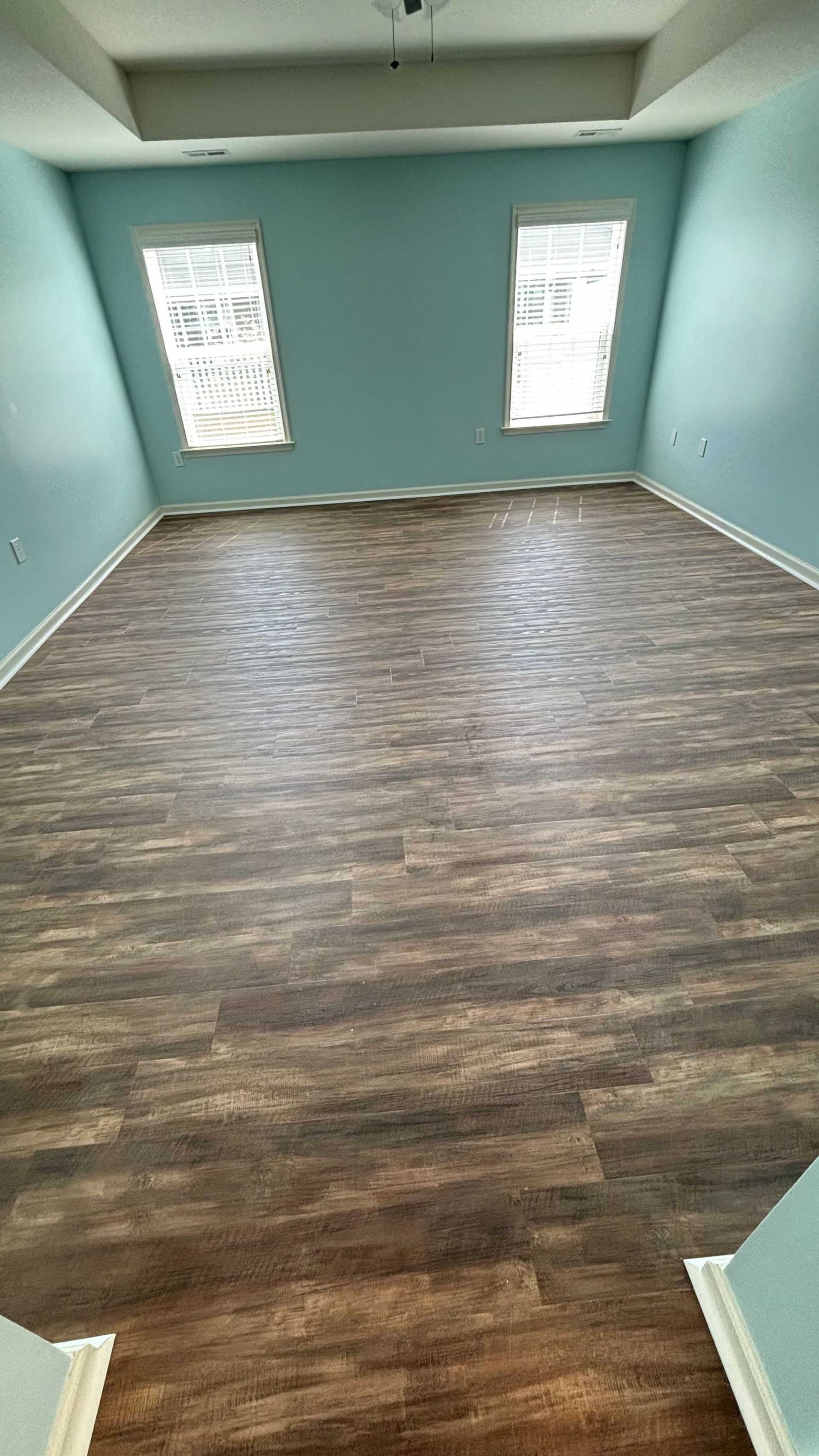An empty room with a wooden floor and two windows.