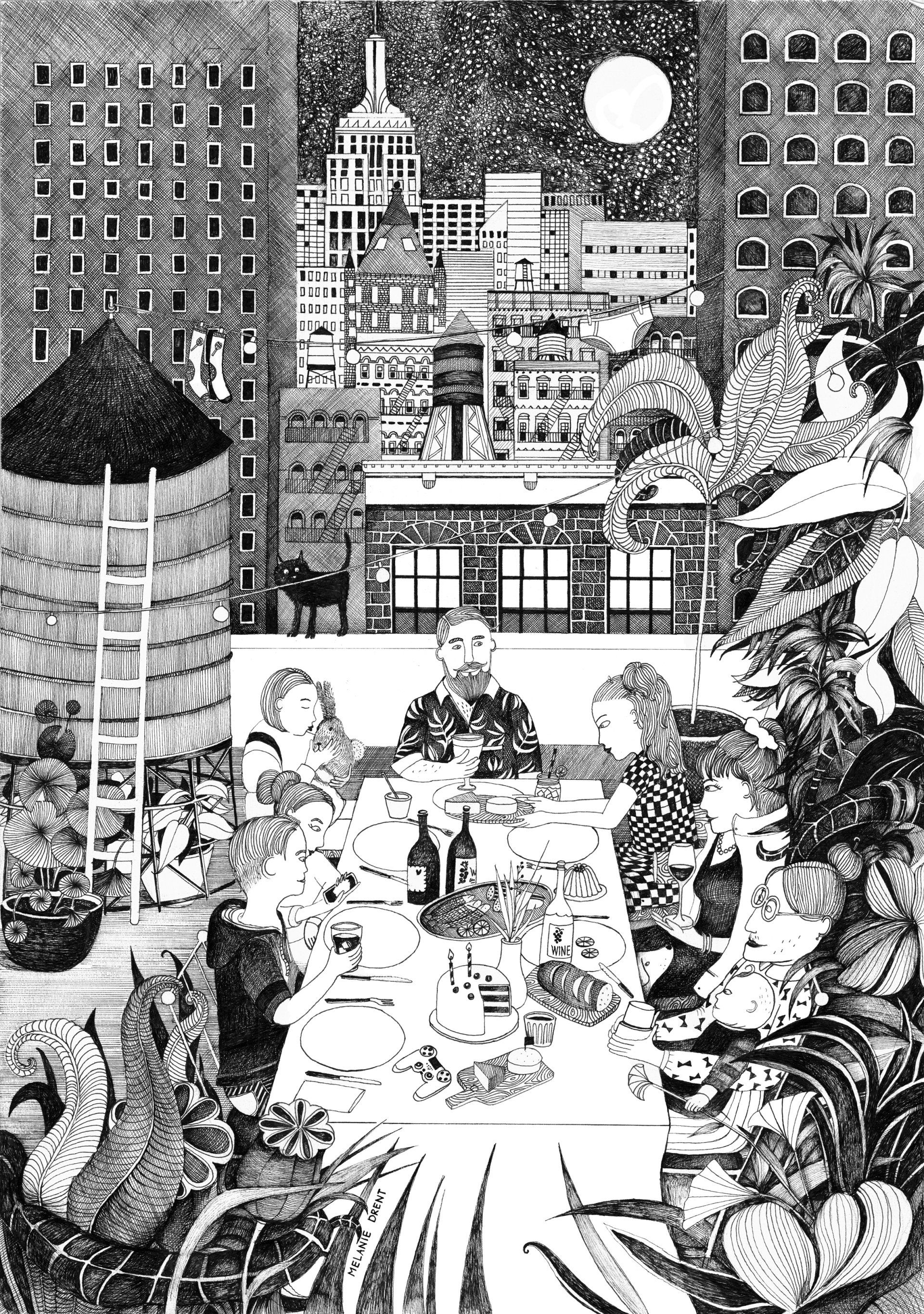 High detailed black and white illustration New York