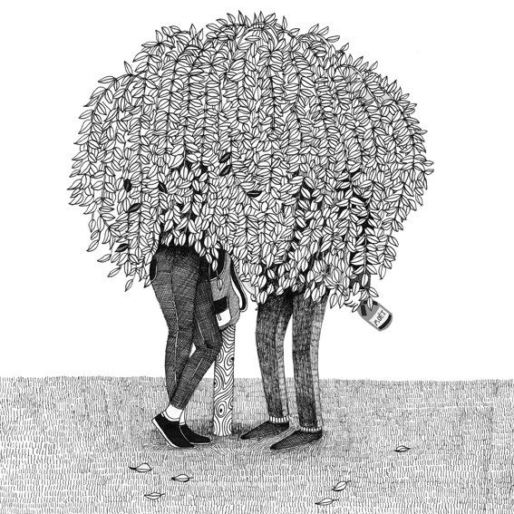 zwart-wit illustratie boom huwelijksaanzoek