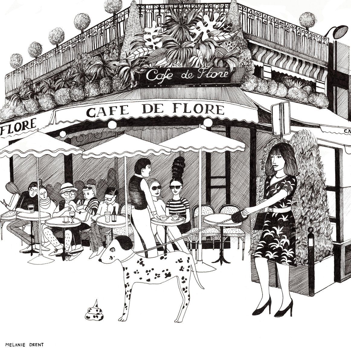 Emily in Paris as a black and white  illustration