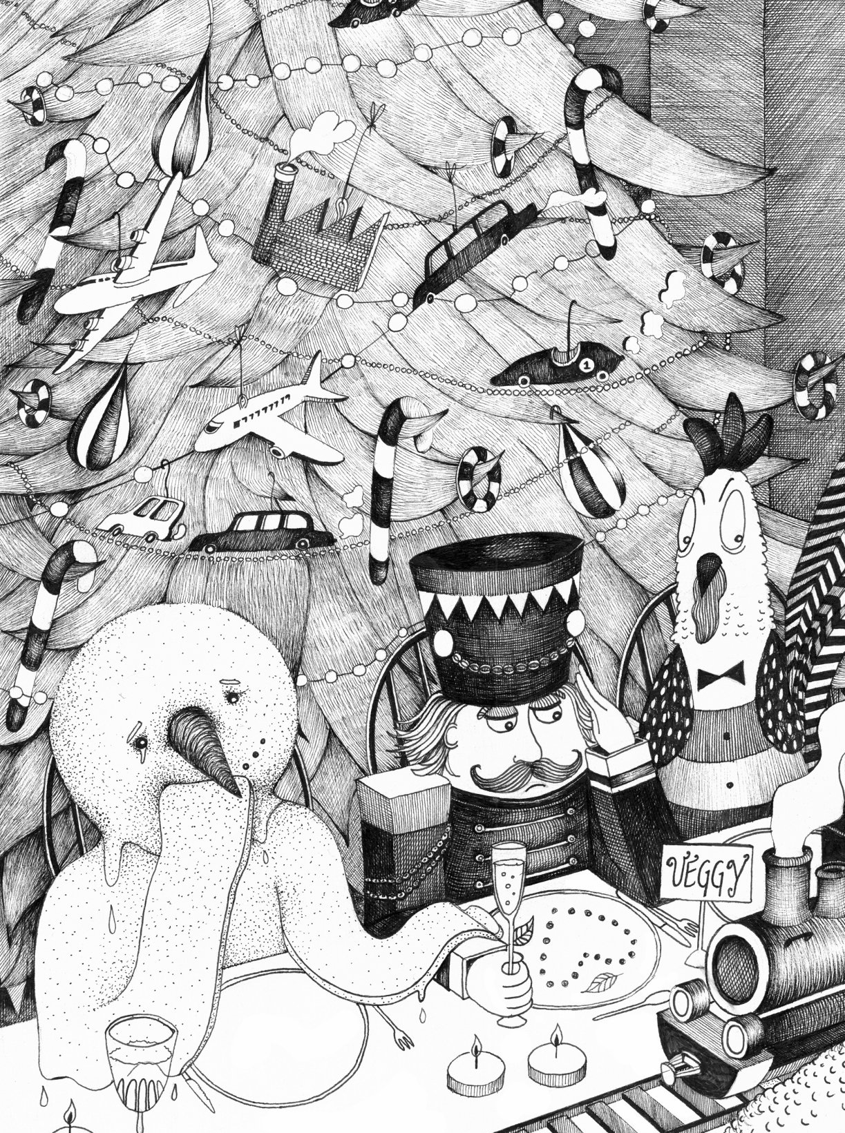 black and white Christmas illustration