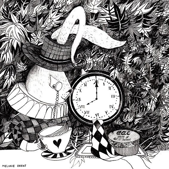 black and white drawn illustration Alice in Wonderland