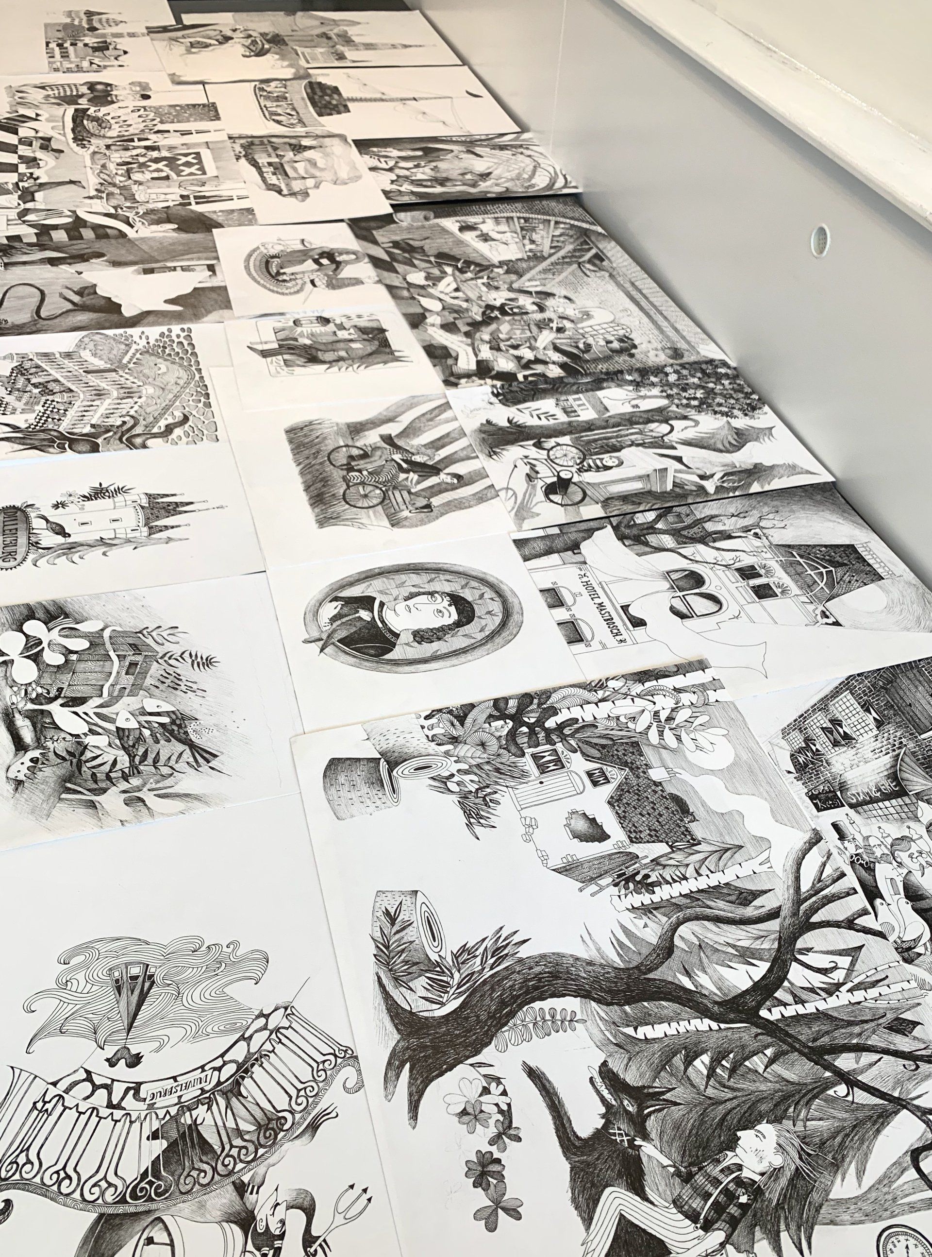 Overview of highly detailed black and white illustrations
