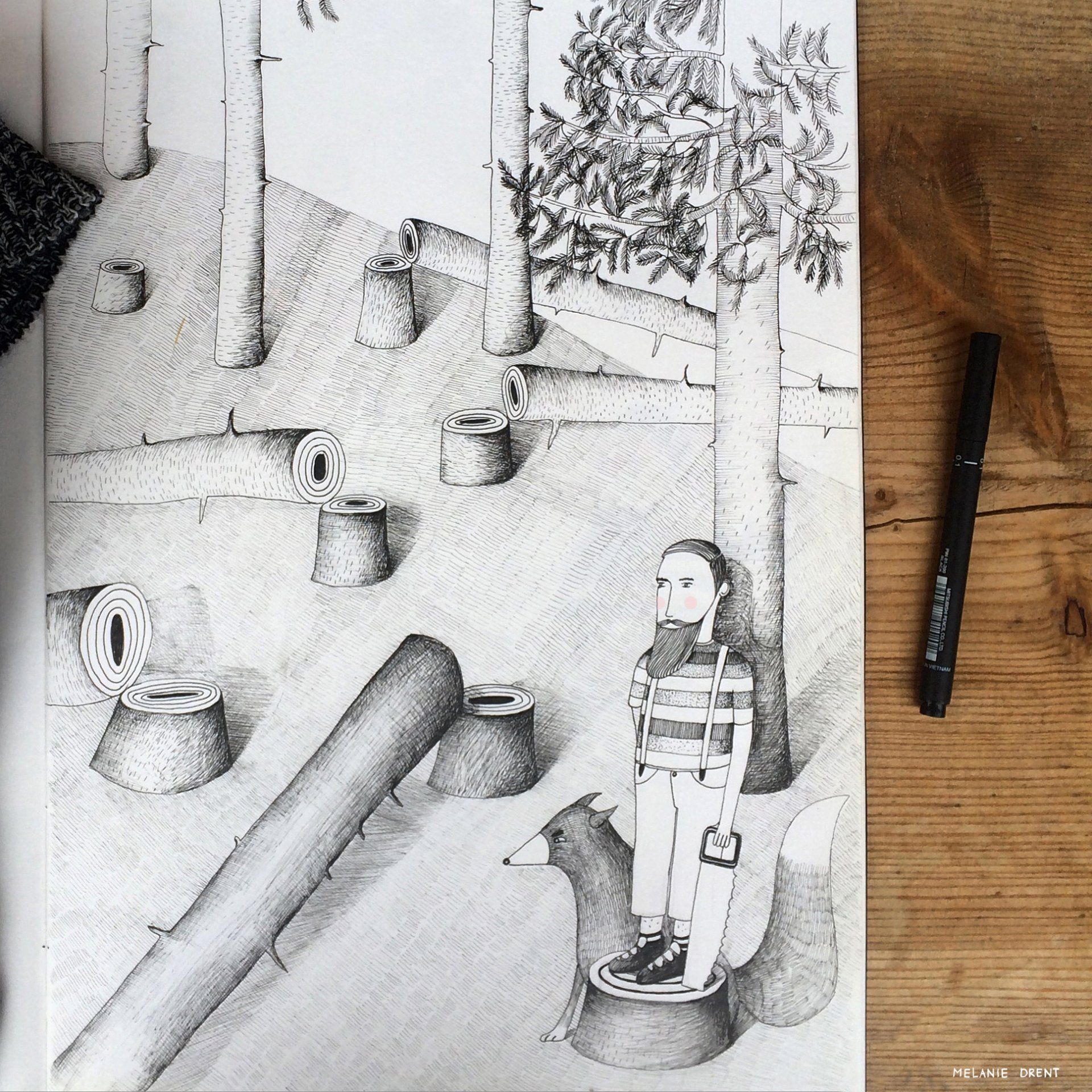 detailed black and white illustration lumberjack