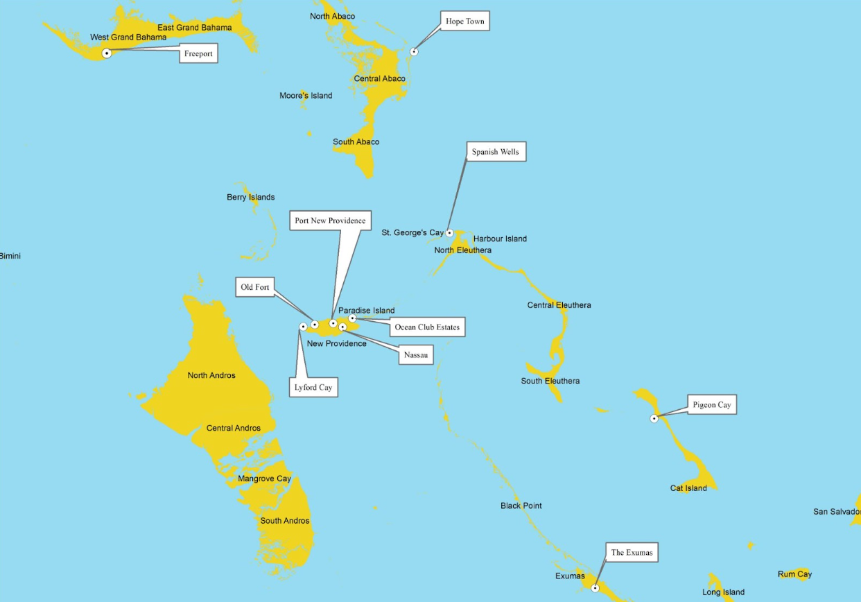 A map of the bahamas with a yellow island in the middle