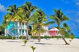 There are many colorful houses on the beach surrounded by palm trees.