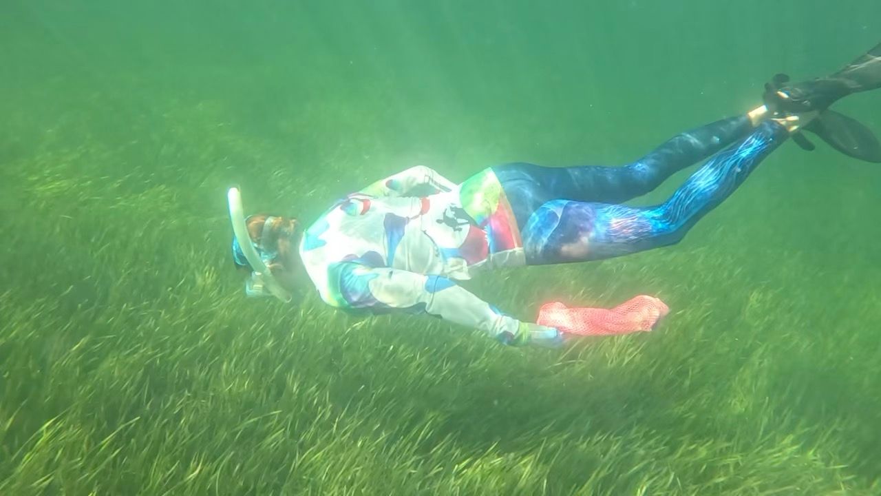 A person is swimming in the water with a mask on.