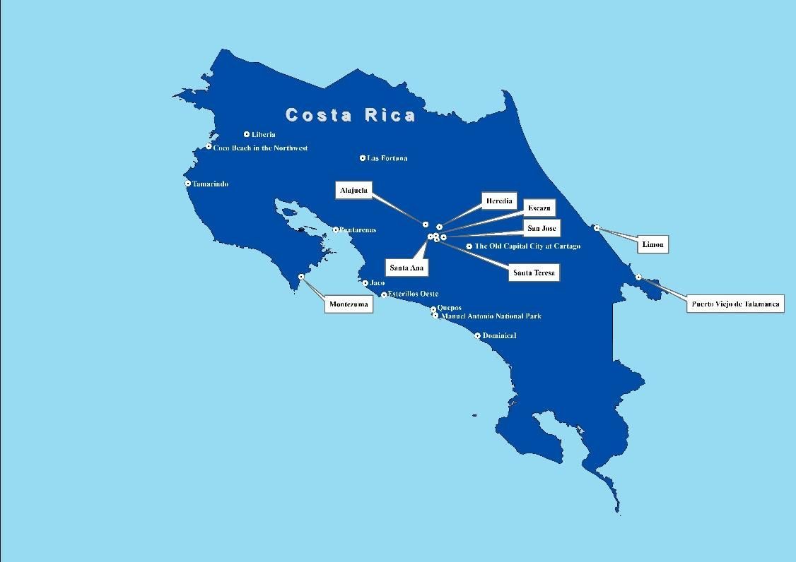 A blue map of costa rica on a blue background