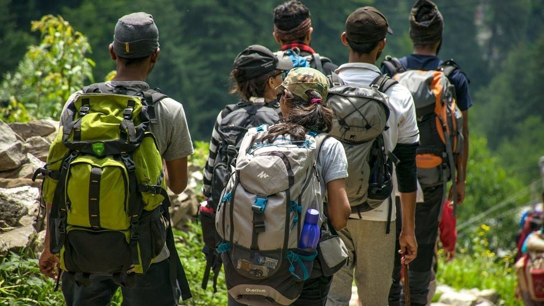 A group of people with backpacks are walking through a forest.