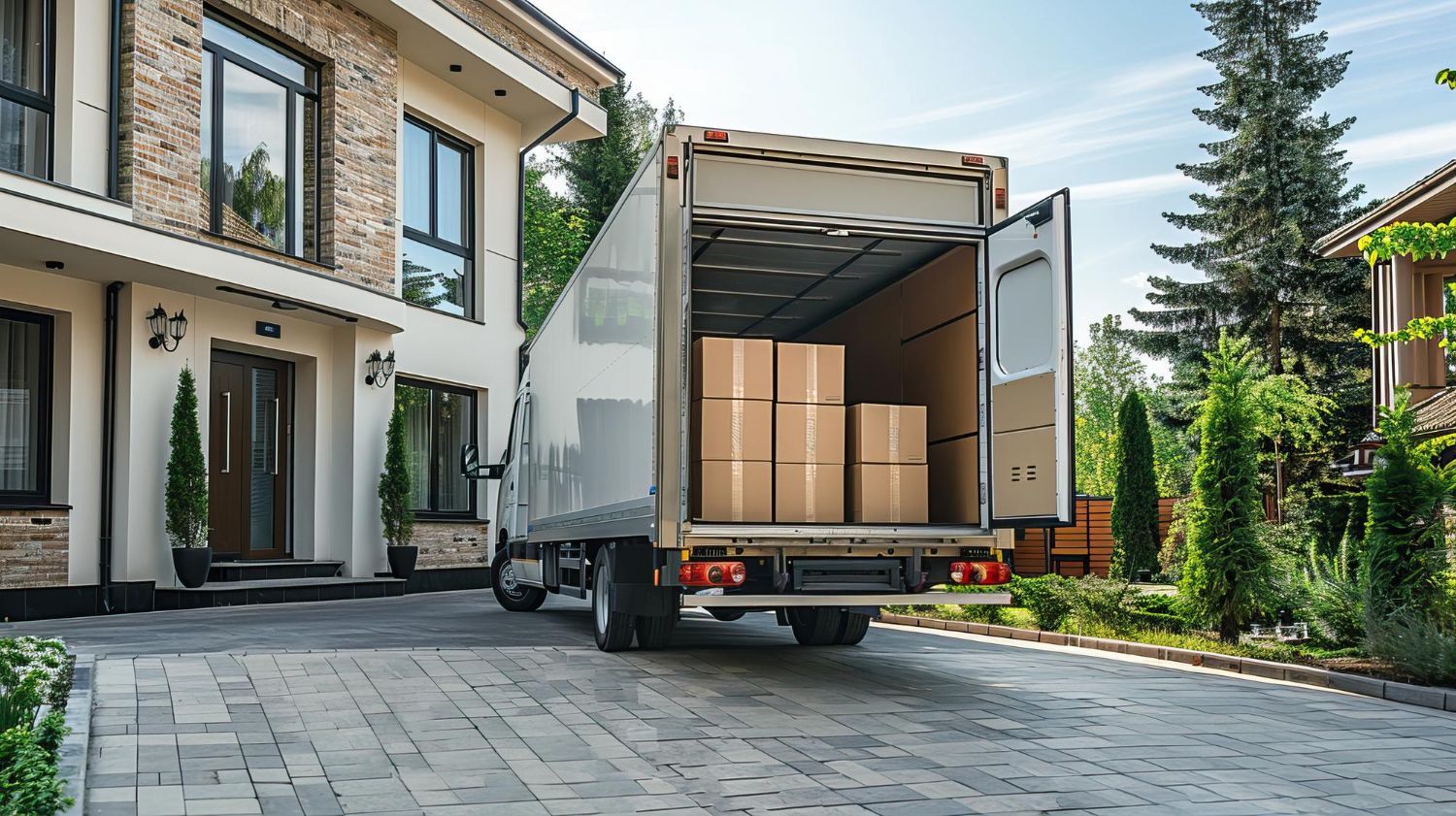 Moving truck parked in front of a house with boxes inside, on a paved driveway.
