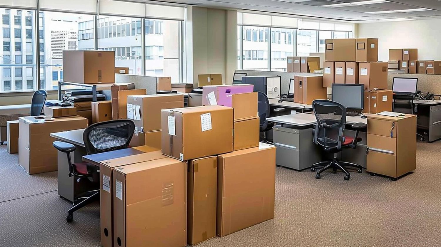 Office with desks and chairs, filled with cardboard moving boxes; windows with city view.