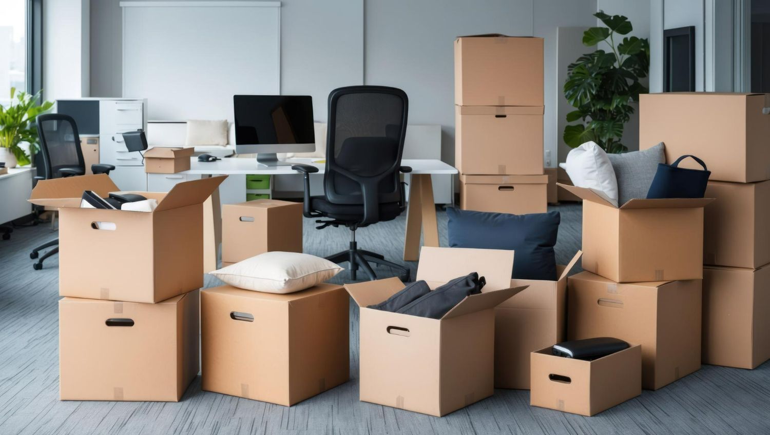 Office packed with cardboard moving boxes and a few chairs around desks, suggesting relocation or cleanup