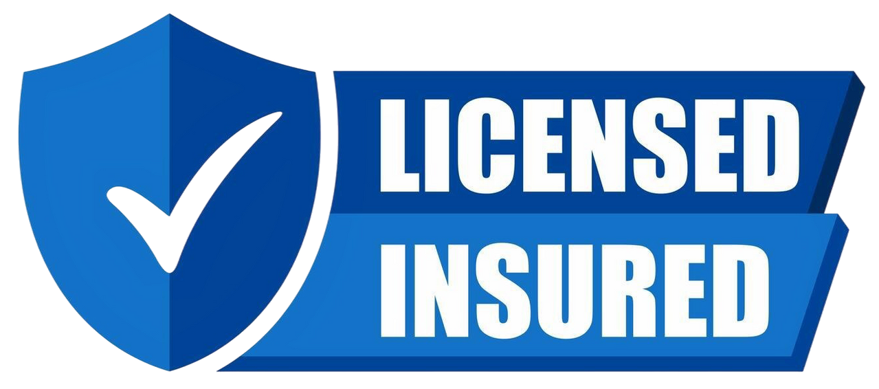 A blue shield with a check mark and the words licensed insured.