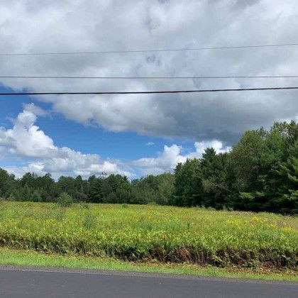 A large grassy field with trees in the background and a road in the foreground.