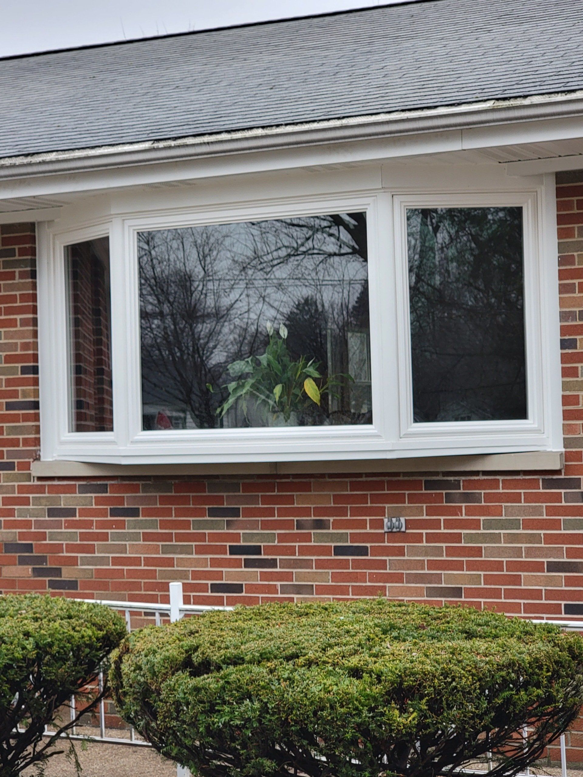 A brick house with a white window and bushes in front of it