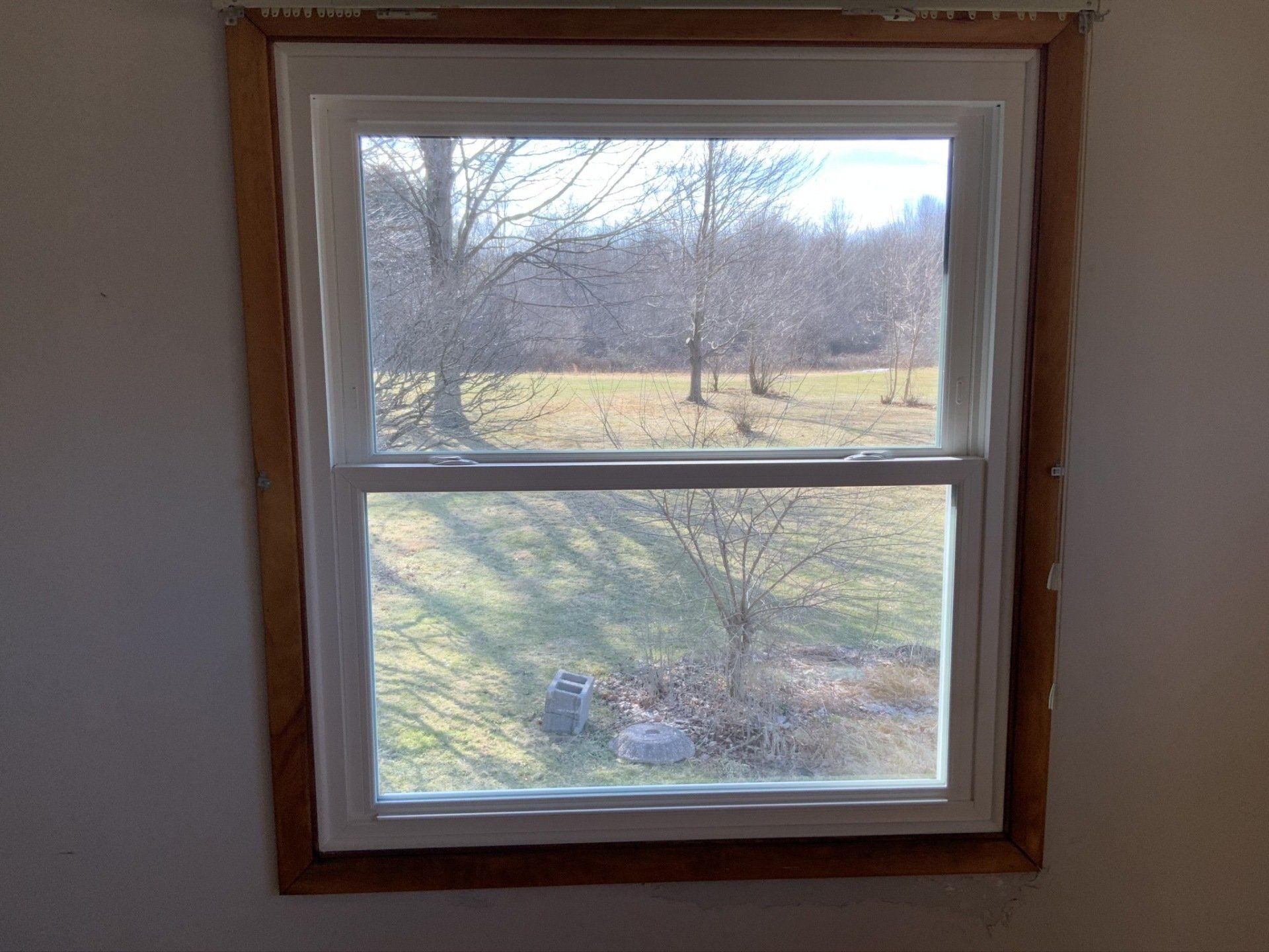 A window with a view of a field and trees in a room.