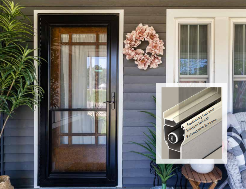 A picture of a house with a black door and a picture of a screen door.