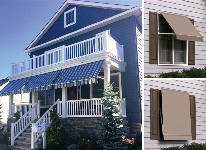 A blue house with a blue awning on the porch
