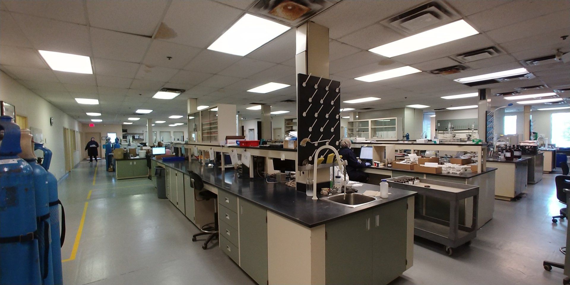 Un grand laboratoire avec beaucoup de comptoirs et d'éviers