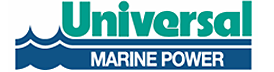 A blue and white logo for universal marine power