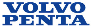 The logo for volvo penta is blue and white on a white background.