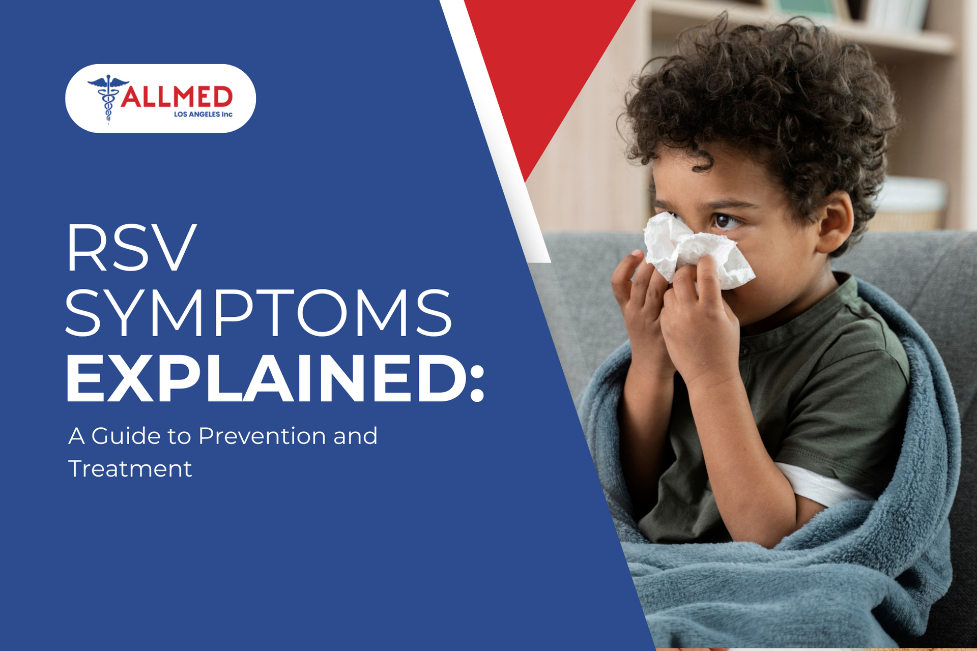 A young boy exhibiting signs of symptoms of RSV, such as coughing, runny nose, and fever.